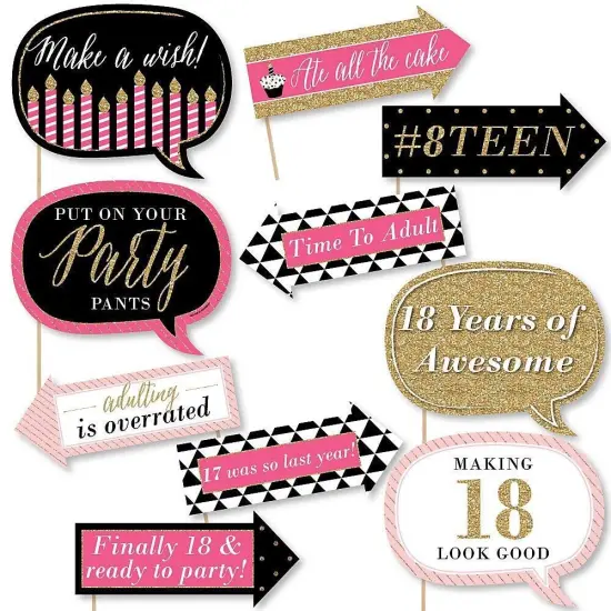 Big Dot of Happiness Funny Chic 18th Birthday - Pink, Black and Gold - 18th Birthday Party Photo Booth Props Kit - 10 Piece {1}