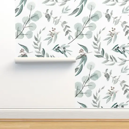 Pre-Pasted Wallpaper 2FT Wide Painted Eucalyptus Australian Flora Botanical Garden Watercolor Nature Leaf Custom Pre-pasted Wallpaper by Spoonflower {2}