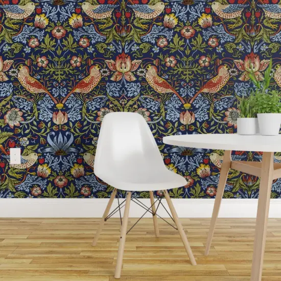 Pre-Pasted Wallpaper 2FT Wide Strawberry Bright Blue Medium Bird Floral Damask Custom Pre-pasted Wallpaper by Spoonflower {1}