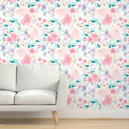 Pre-Pasted Wallpaper 2FT Wide Blooms, Mermaid Lagoon, Floral, Pink, Peach, Spring, Girls Room, Nursery Custom Pre-pasted Wallpaper by Spoonflower {5}
