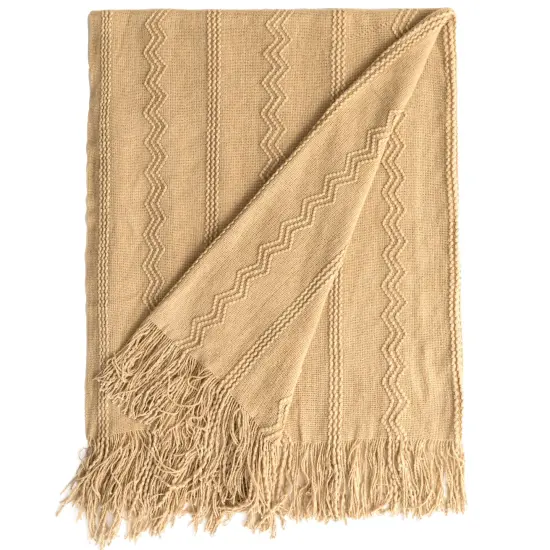 Decorative Throw Blanket - 50x60in Soft Knit with Delightful Fringe Edges for a Sophisticated and Cozy Touch to Your Living Space Lightweight, Breathable, Easy Care, Versatile, All-Season, Ideal for Lounging, Gifting Beige {4}