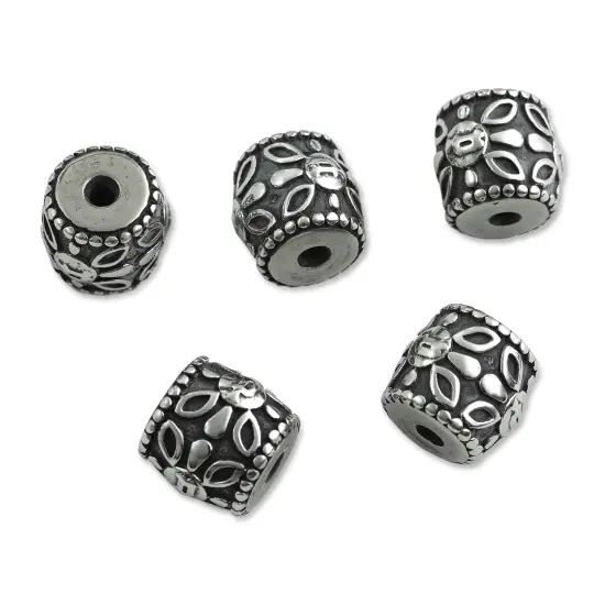 John Bead Antique Stainless Steel Beads - Barrel with Flower, 12 x 12 mm, Pkg of 5 {1}