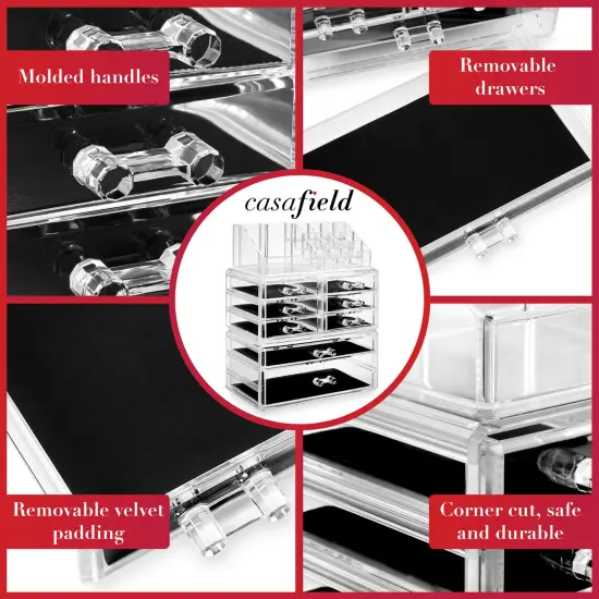 Casafield Acrylic Cosmetic Makeup Organizer & Jewelry Storage Display Case - 3 Piece Drawer Set - Clear {4}