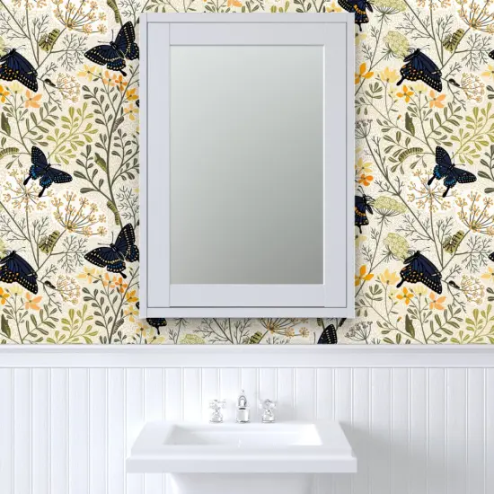 Pre-Pasted Wallpaper 2FT Wide Garden Butterflies Flowers Butterfly Bag Garden Botanical Dill Herbs Caterpillar Swallowtail Rue Chrysalis Custom Pre-pasted Wallpaper by Spoonflower {6}