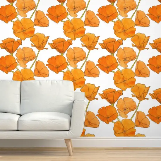 Pre-Pasted Wallpaper 2FT Wide California Poppy Watercolor Floral Orange Poppies Large Scale Custom Pre-pasted Wallpaper by Spoonflower {5}