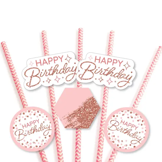 Big Dot of Happiness Pink Rose Gold Birthday - Paper Straw Decor - Happy Birthday Party Striped Decorative Straws - Set of 24 {7}