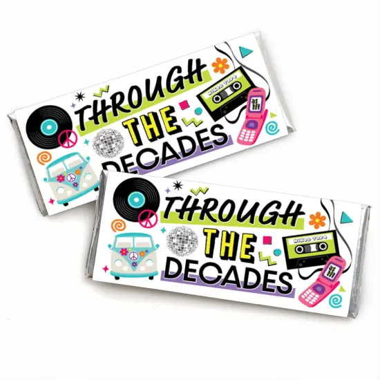 Big Dot of Happiness Through the Decades - Candy Bar Wrapper 50s, 60s, 70s, 80s, and 90s Party Favors - Set of 24 {1}