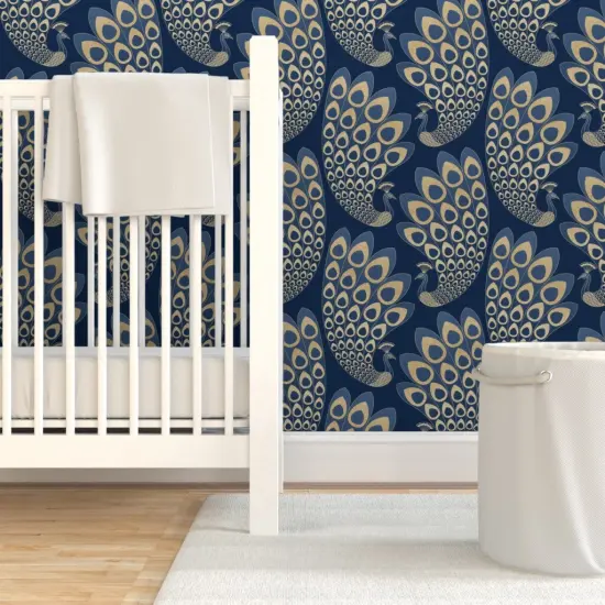 Pre-Pasted Wallpaper 2FT Wide Blue Art Deco Peacock Nouveau Feathers 1920S Glamor Custom Pre-pasted Wallpaper by Spoonflower {7}