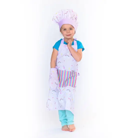 Handstand Kitchen Kid's 3 Piece Set Hat Oven Mitt Apron Rainbows & Unicorns {3}