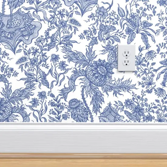 Pre-Pasted Wallpaper 2FT Wide Chintz Floral Blue White Vintage Style Traditional Cobalt Chinoiserie Custom Pre-pasted Wallpaper by Spoonflower {4}
