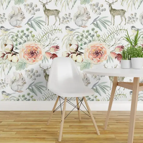 Pre-Pasted Wallpaper 2FT Wide Winter Woodland White Floral Elegant Deer Forest Rabbit Snow Custom Pre-pasted Wallpaper by Spoonflower {1}
