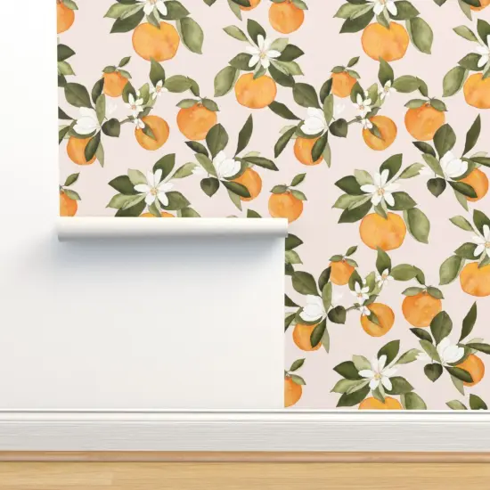 Peel & Stick Wallpaper 2FT Wide Orange Blossom Pink Oranges Blossoms Spring Fruit Summer Citrus Custom Removable Wallpaper by Spoonflower {2}