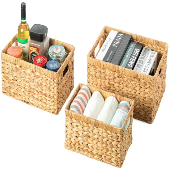 Natural Woven Water Hyacinth Wicker Rectangular Storage Bin Basket with Handles {1}