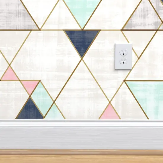 Peel & Stick Wallpaper 2FT Wide Navy Mint Pink Triangles Geo Geometric Mid Century Custom Removable Wallpaper by Spoonflower {4}