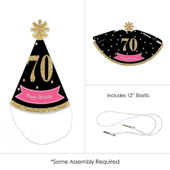 Big Dot of Happiness Chic 70th Birthday - Pink, Black and Gold - Mini Cone Birthday Party Hats - Small Little Party Hats - Set of 8 {6}