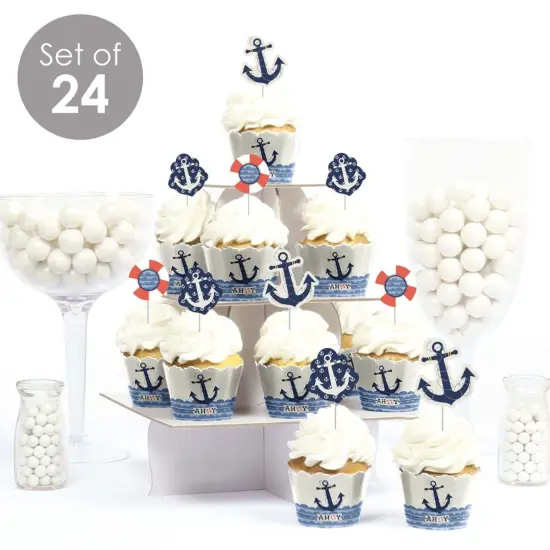 Big Dot of Happiness Ahoy - Nautical - Cupcake Decoration - Baby Shower or Birthday Party Cupcake Wrappers and Treat Picks Kit - Set of 24 {3}