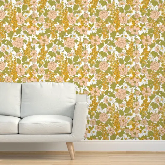 Peel & Stick Wallpaper 2FT Wide Retro Flowers Green Orange Pink 1970s Spring Flower Power Vintage Style Custom Removable Wallpaper by Spoonflower {5}