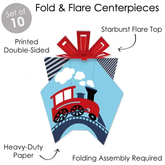 Big Dot of Happiness Railroad Party Crossing - Table Decorations - Steam Train Birthday Party or Baby Shower Fold and Flare Centerpieces - 10 Count {4}