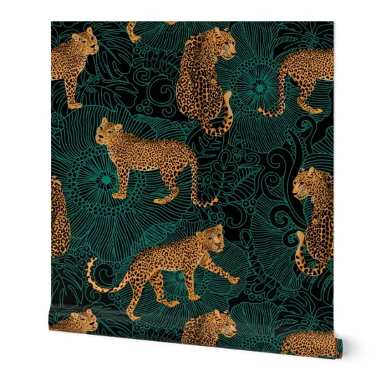 Peel & Stick Wallpaper 2FT Wide Black Green Animal Africa Leopard Cheetah Tiger Exotic Animals Maximalist Custom Removable Wallpaper by Spoonflower {7}