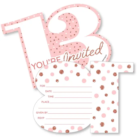 Big Dot of Happiness 13th Pink Rose Gold Birthday - Shaped Fill-In Invitations - Happy Birthday Party Invitation Cards with Envelopes - Set of 12 {1}