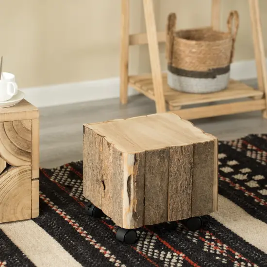 Accent Decorative Natural Wooden Square Stump Stool, with Wheels for Indoor and Outdoor {3}