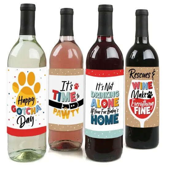 Big Dot of Happiness Happy Gotcha Day - Dog and Cat Pet Adoption Party Decorations for Women and Men - Wine Bottle Label Stickers - Set of 4 {1}