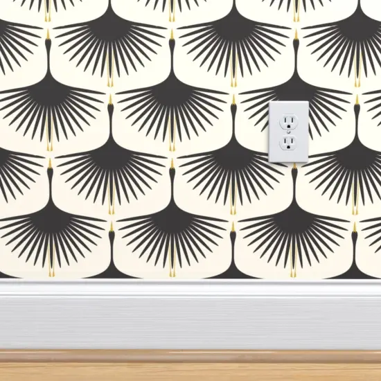 Pre-Pasted Wallpaper 2FT Wide Art Deco Elegant Swan Midcentury Mod Crane Black On Cream Custom Pre-pasted Wallpaper by Spoonflower {5}