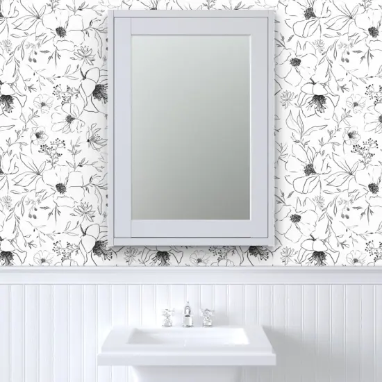 Peel & Stick Wallpaper 2FT Wide Black And White Flower Drawing Blossoms Leaves Floral Nature Botanical Monochrome Custom Removable Wallpaper by Spoonflower {6}