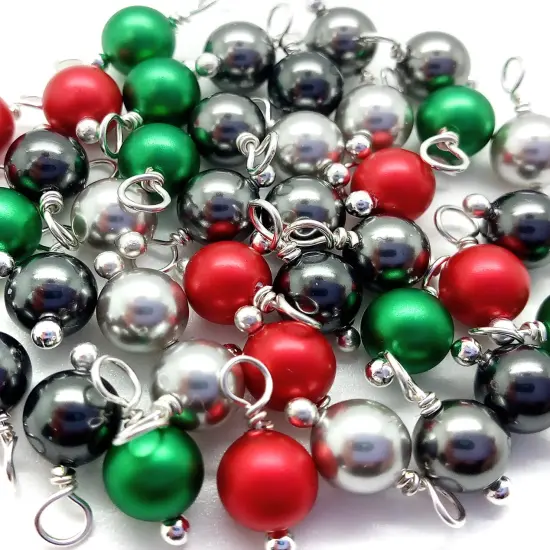 Crystal Charms Mix, 20 pc Dark Christmas Pearl Dangles, Green Red and Gray, Adorabilities {1}