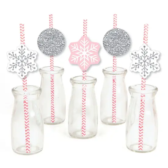Big Dot of Happiness Pink Winter Wonderland - Paper Straw Decor - Holiday Snowflake Birthday Party or Baby Shower Striped Decorative Straws -Set of 24 {1}