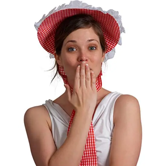 Colonial Pioneer Womens Bonnet - Revolutionary War Red and... Gingham Pilgrim Women Bonnets Sun Hats Dress Up Costume Accessories {4}