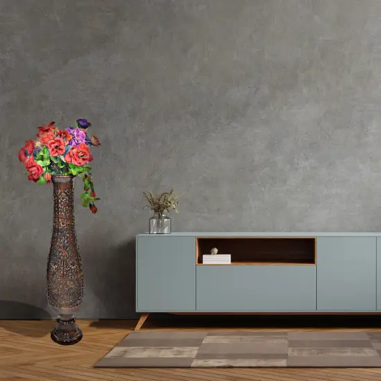 Antique Decorative Hand Curved Brown Mango Wood Floor Flower Vase Trumpet Design with Unique Textured Pattern, 36 Inch {2}