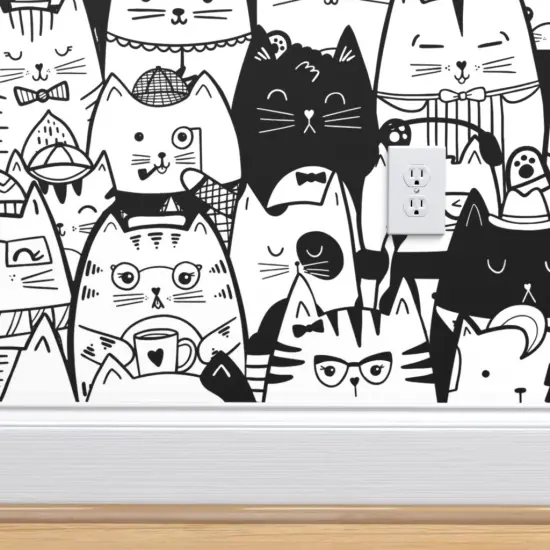 Peel & Stick Wallpaper 2FT Wide Black Cats White Rescue Cats Kids Kittens Cat Cute Funny Custom Removable Wallpaper by Spoonflower {4}