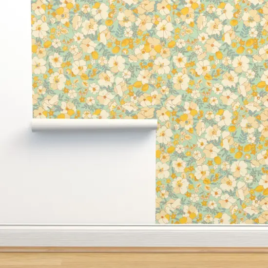 Peel & Stick Wallpaper 2FT Wide Vintage Style Floral Butter Yellow Flower Retro 1970S Custom Removable Wallpaper by Spoonflower {2}