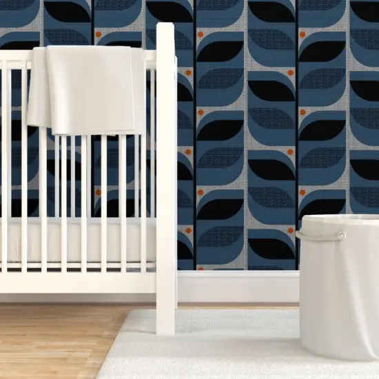 Pre-Pasted Wallpaper 2FT Wide Mod Leaves Faux Textures Look Large Scale Denim Blue Retro Inspired Atomic Era 1950S 1960S Custom Pre-pasted Wallpaper by Spoonflower {7}