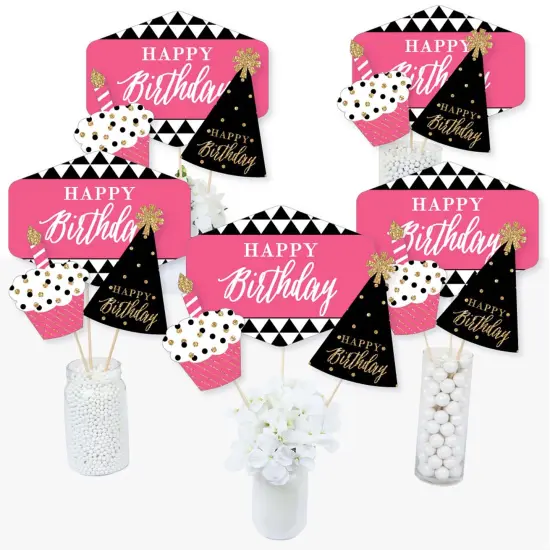Big Dot of Happiness Chic Happy Birthday - Pink, Black and Gold - Birthday Party Centerpiece Sticks - Table Toppers - Set of 15 {3}