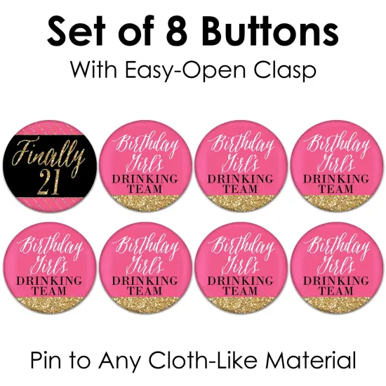 Big Dot of Happiness Finally 21 Girl - 3 inch 21st Birthday Party Badge - Pinback Buttons - Set of 8 {7}