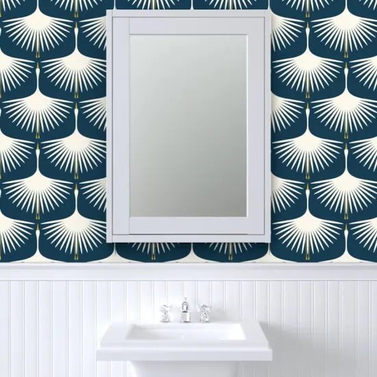 Peel & Stick Wallpaper 2FT Wide Art Deco Navy Bird Nature Swan Custom Removable Wallpaper by Spoonflower {6}