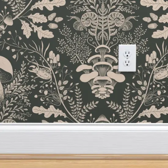 Peel & Stick Wallpaper 2FT Wide Neutral Woodland Dark Green Cream Beige Forest Damask Mushroom Gray Custom Removable Wallpaper by Spoonflower {4}