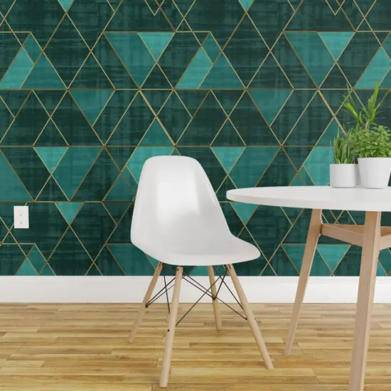 Peel & Stick Wallpaper 2FT Wide Geometric Modern Triangles Abstract Blue Green Gold Boho Glam Custom Removable Wallpaper by Spoonflower {1}