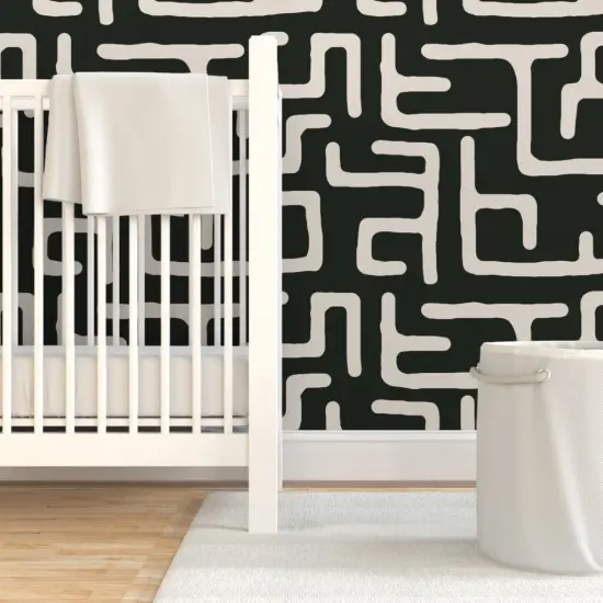 Pre-Pasted Wallpaper 2FT Wide African Geometric Abstract Lines Beige Geo Modern Mod Dark Green Custom Pre-pasted Wallpaper by Spoonflower {7}