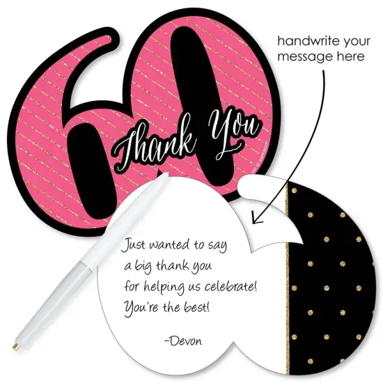 Big Dot of Happiness Chic 60th Birthday - Pink, Black & Gold - Shaped Thank You Cards - Birthday Party Thank You Note Cards with Envelopes - Set of 12 {3}