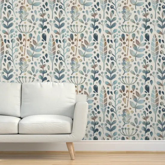 Pre-Pasted Wallpaper 2FT Wide Woodland Muted Blue Large Scale Modern Botanicals Custom Pre-pasted Wallpaper by Spoonflower {5}