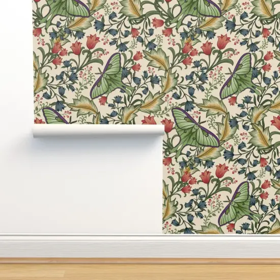 Peel & Stick Wallpaper 2FT Wide Victorian Luna Moth Arts And Crafts Pollinators Art Nouveau Entomology Lepidoptera Custom Removable Wallpaper by Spoonflower {2}