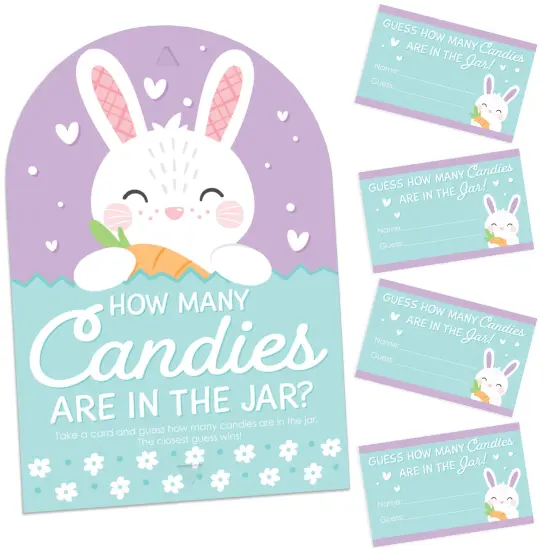 Big Dot of Happiness Spring Easter Bunny - How Many Candies Happy Easter Party Game - 1 Stand and 40 Cards - Candy Guessing Game {1}