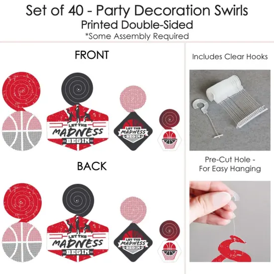 Big Dot of Happiness Red Basketball - Let The Madness Begin - College Basketball Party Hanging Decor - Party Decoration Swirls - Set of 40 {7}
