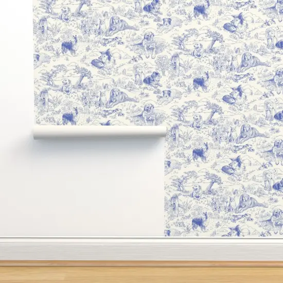 Peel & Stick Wallpaper 2FT Wide Blue Toile Country Style Hand Drawn Landscape Traditional Collie Toil Ecru Sheep Dog Australian Shepherd Shetland Custom Removable Wallpaper by Spoonflower {2}