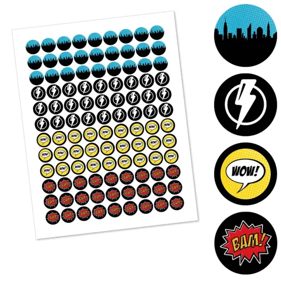 Big Dot of Happiness Bam Superhero - Baby Shower or Birthday Party Round Candy Sticker Favors - Labels Fits Chocolate Candy (1 Sheet of 108) {3}