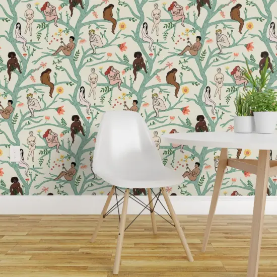 Pre-Pasted Wallpaper 2FT Wide Boho Women Floral Trees Turquoise Botanical Naked Feminist Nudes Health Diversity Gardens Body Climbing Vines Garden Of Eden Custom Pre-pasted Wallpaper by Spoonflower {1}