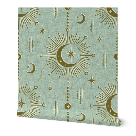 Peel & Stick Wallpaper 2FT Wide Sun And Moon Stars Retro Fifties Starburst Solar Good Luck Talisman Moroccan Lunar Hamsa Fortune Telling Custom Removable Wallpaper by Spoonflower {7}